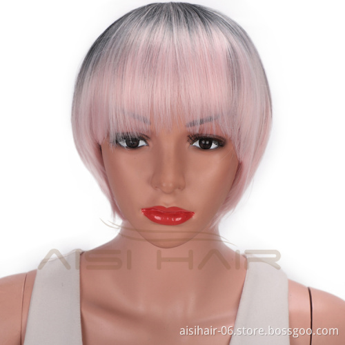 Aisi Hair High Temperature Fiber Straight Short Bob Wigs Ombre Pink Short Bob Wigs with Neat Bangs Cosplay Short Bob Wigs